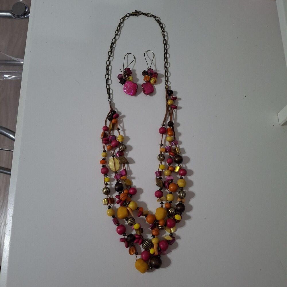 Layered Pink Yellow Orange Wooden Acrylic Beaded Necklace and Earring Lot